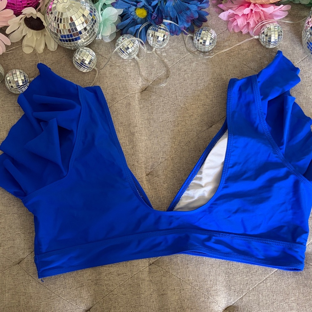 Royal Blue Ruffle Sleeve V-Neck Bikini Top - Picture 8 of 9